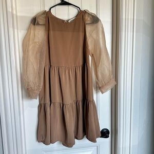 Impressions Tan Mini Dress with Sheer Sleeves
